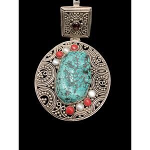 Gorgeous 925 Sterling Silver Statement Pendant Turquoise Garnet Pearl Coral
